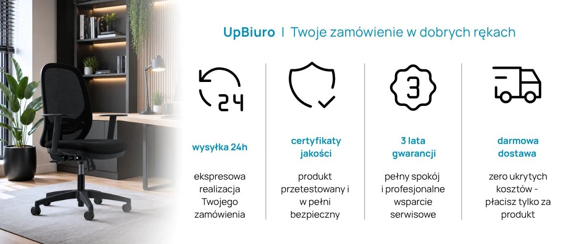Zalety zakupu fotela biurowego Andy: wysyłka w 24h, darmowa dostawa, 3 lata gwarancji i wysoka jakość wykonania.